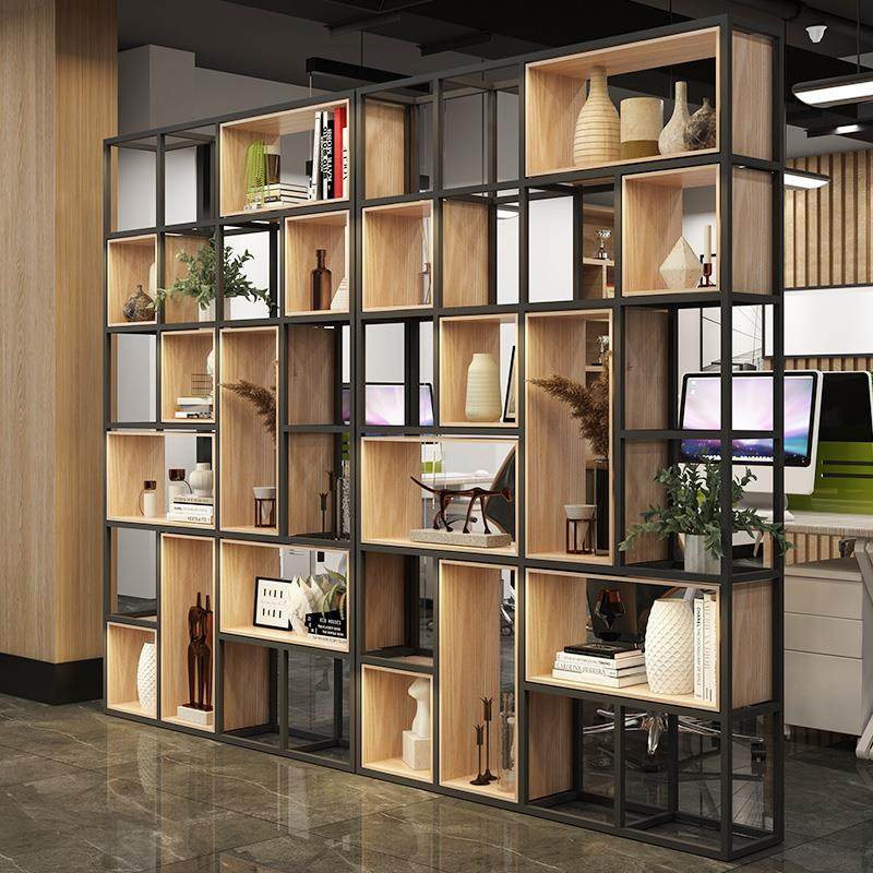 铁艺隔断置物架工业风装饰客厅饭厅实木格子架网红办公室书架落地