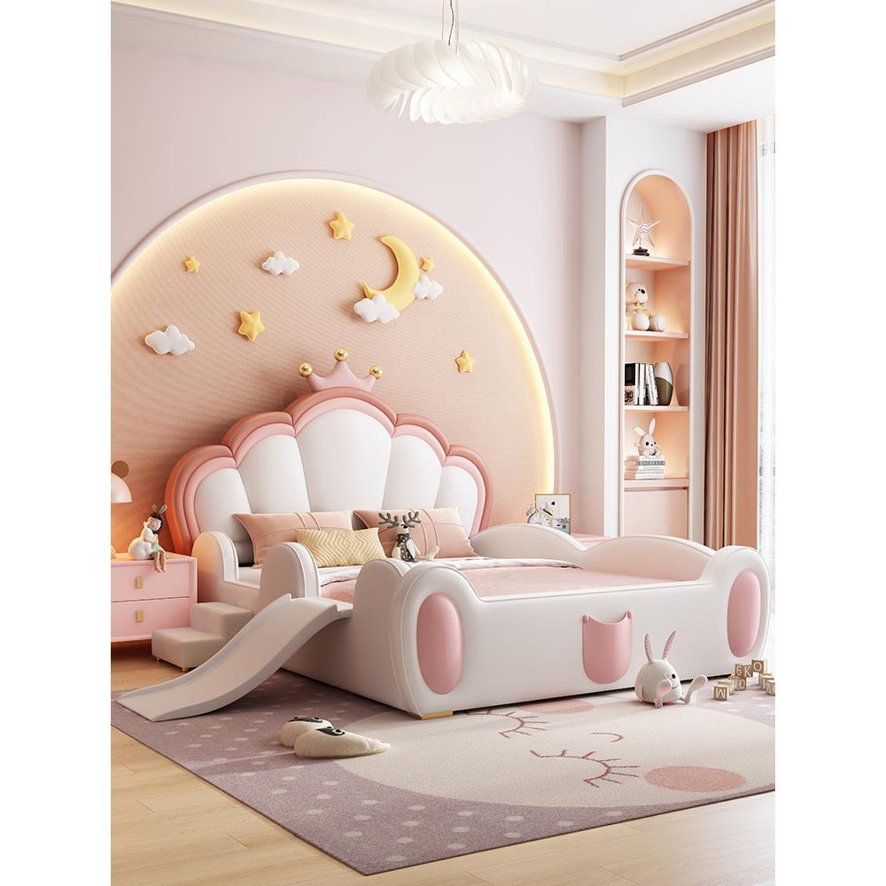 2025新款儿童床带护栏床单人女孩公主床小宝宝滑梯粉色公主游戏床