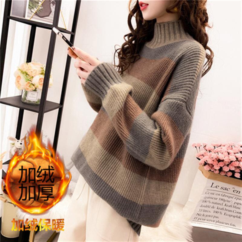 加绒针织衫女秋冬宽松中长款半高领加厚毛衣套头慵懒风打底裙外套