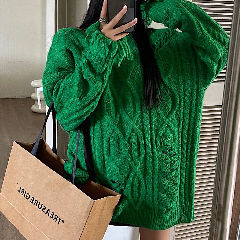 韩版破洞流苏毛衣秋季女圆领时尚中长款洋气套头宽松麻花毛衫