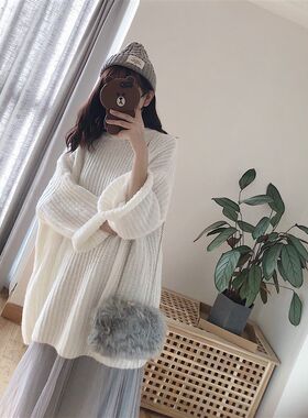 白色马海毛粗针毛衣女冬小个子宽松慵懒风中长款针织裙2022新款秋