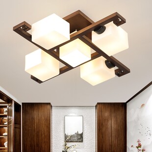 新中式 吸顶灯现代中国风大气客厅灯胡桃木色家用房间卧室实木灯具