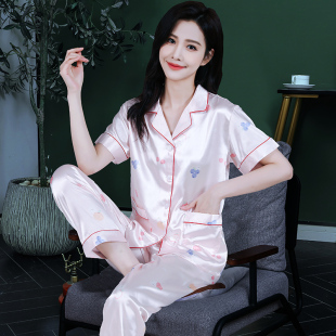 春夏季睡衣女薄款丝绸两件套甜z美冰丝开衫加大码长裤家居服可外