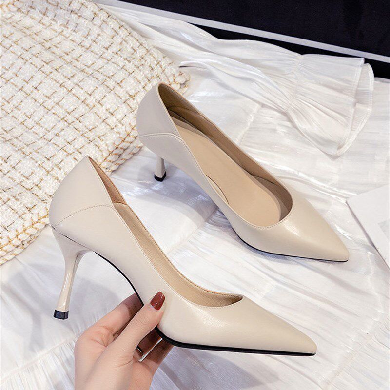 白色高跟鞋女鞋细跟尖头浅口裸色杏色两穿单鞋职业气质黑色工作鞋