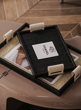 轻奢黑灰色皮质香薰托盘高级感置物收纳盘客厅茶几桌面软装装饰品