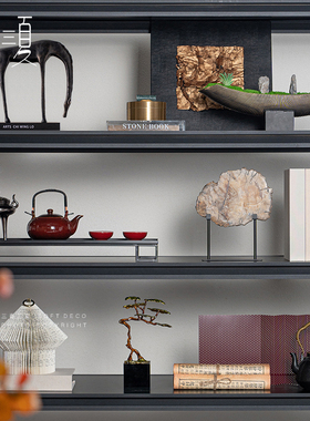 新中式书柜书架装饰摆件茶室茶柜博古架展示柜样板间书房软装饰品