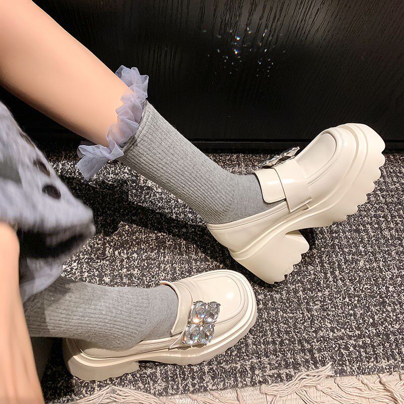 小个子厚底单鞋女2025春季真皮懒人松糕鞋水钻漆皮白色高跟小皮鞋