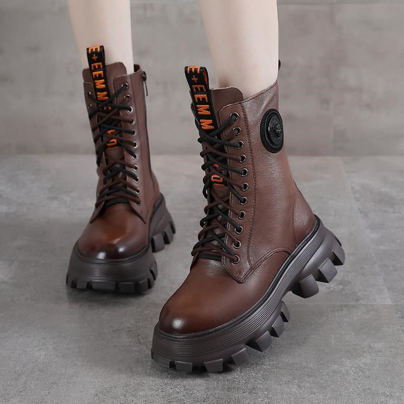 秋冬新款头层牛皮高帮女鞋子中筒厚底马丁靴真皮机车靴松糕跟棉靴,女鞋,马丁靴,淘宝优惠券,粉丝福利购,淘宝优惠卷