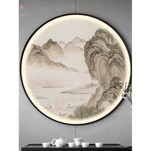 新中国风入口装饰画Led灯圆山水画意境中国画客人餐厅茶室背景墙