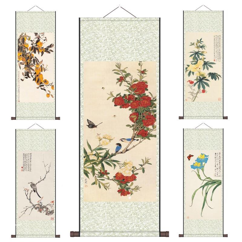张大千五色荷花花鸟画国画丝绸画风水挂画字画礼品卷轴茶楼装饰画