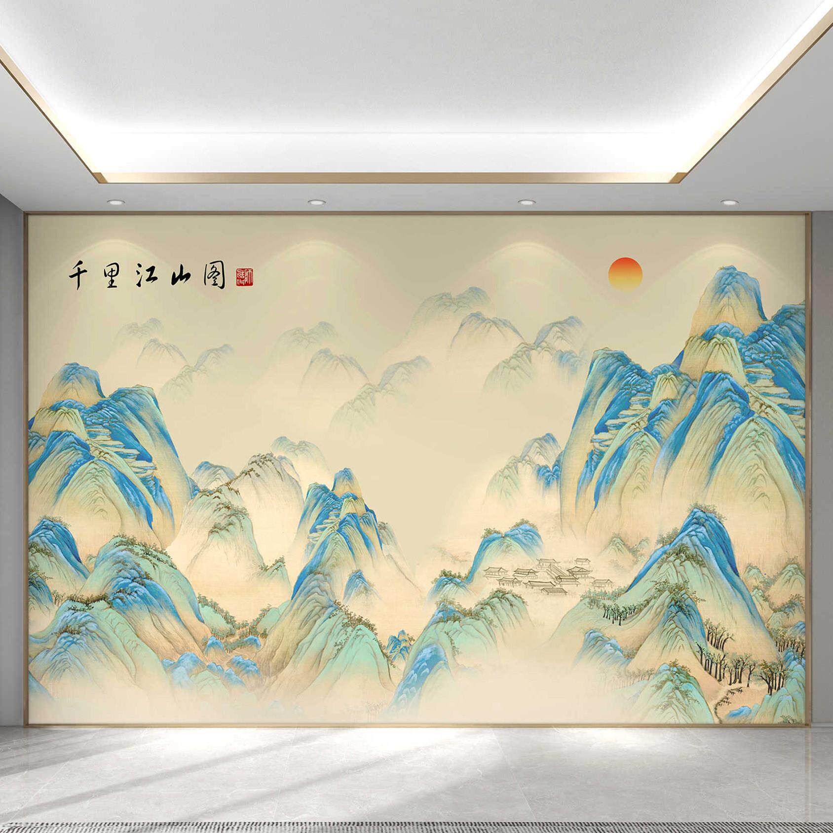 千里江山图电视背景墙布定制中式山水壁画宋氏美学客厅影视壁纸