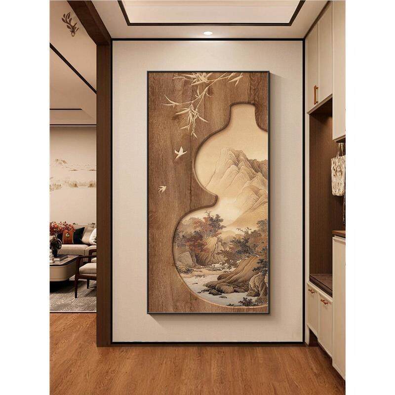 葫芦挂画玄关画入户正对门中式客厅走廊过道装饰画山水画竖版壁画