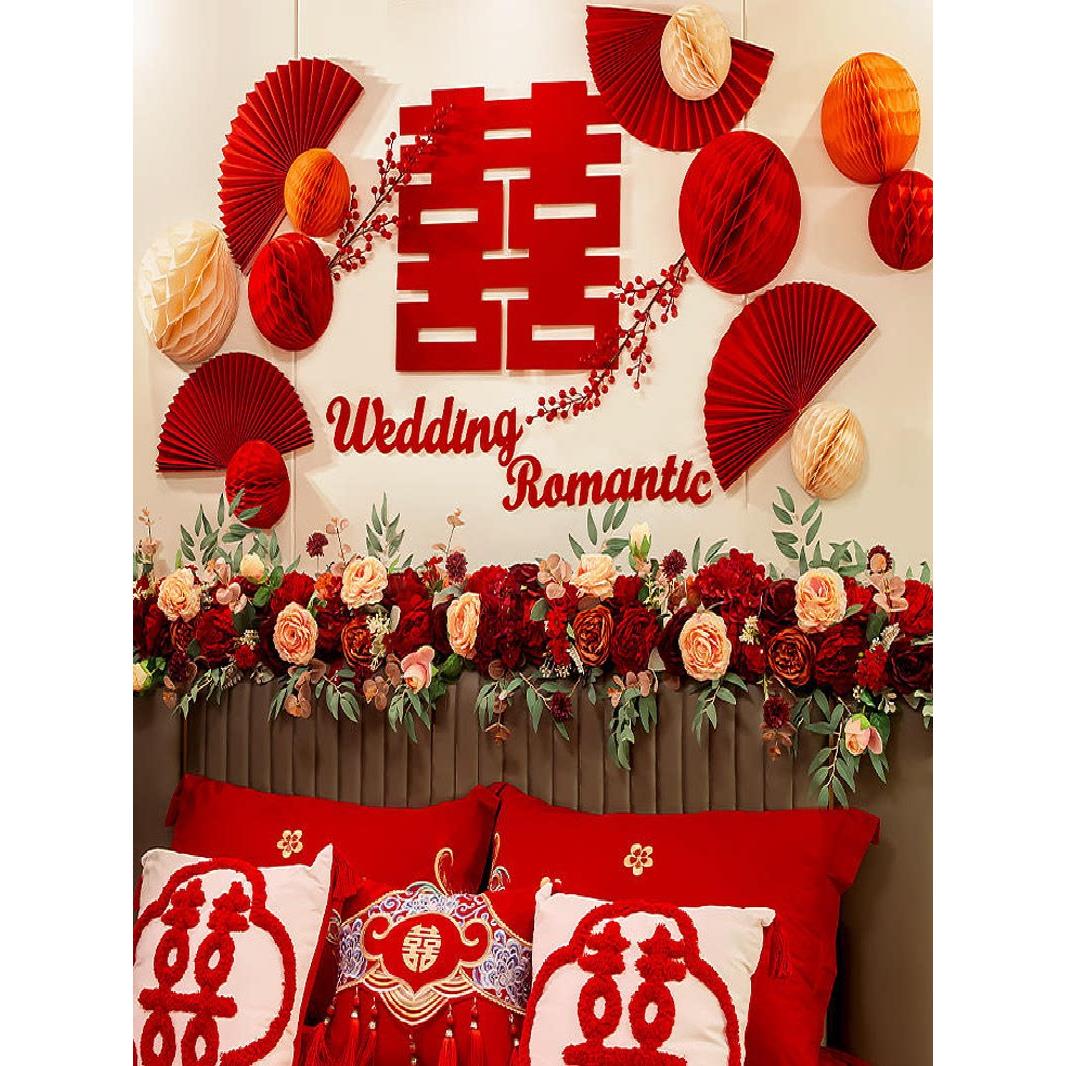 婚房布置绢花结婚红色喜庆新房床头装饰彷真玫瑰花藤长条藤蔓摆花