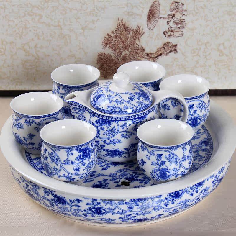 整套功夫茶具套组双层杯子隔热蓄水圆形茶盘客厅家用茶具