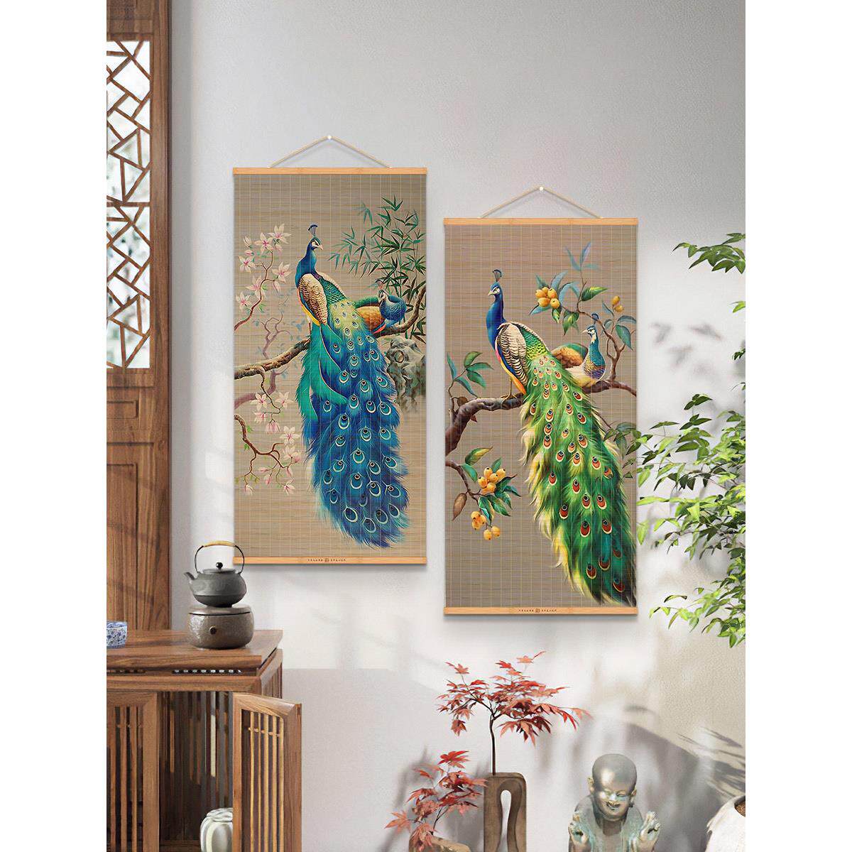 孔雀现代装饰画客厅沙发背景墙艺术挂画入口门入口竹帘卷轴挂画