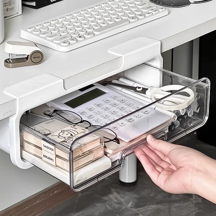 办公室悬挂桌下置物架抽屉式工位收纳整理神器桌底免打孔抽拉挂篮