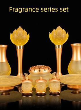 古玻璃佛像小供套、佛前观音用品、水果盘香炉