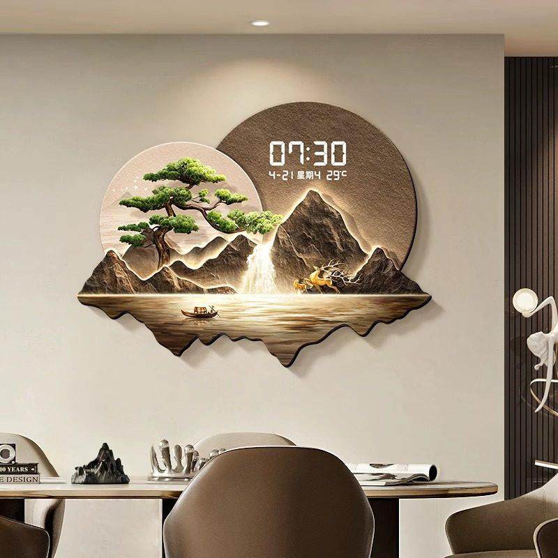 现代轻奢餐厅装饰挂钟万年历数显大气山水画客厅钟表挂墙饭厅壁钟