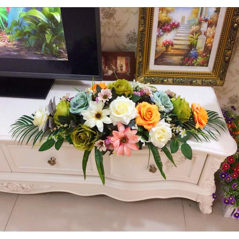 高彷真假花绢花餐桌会议桌装饰花摆设电视柜整体花艺欧式玫瑰台花