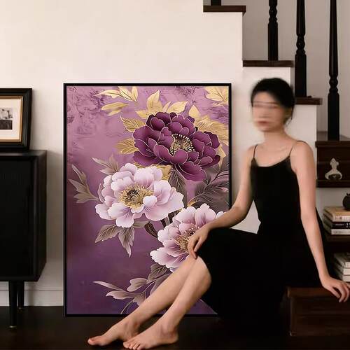 《花开富贵》现代新中式客厅大气装饰画紫色牡丹玄关挂画卧室壁画
