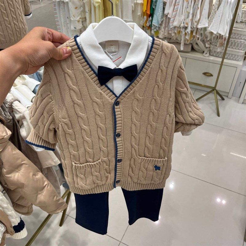 韩国童装 24秋男童宝洋气英伦风V领针织开衫领结衬衣绅士三件套装
