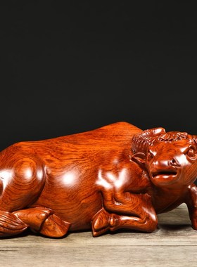 花梨木雕刻水牛摆件实木红木生肖卧牛家居客厅办公装饰送礼工艺品