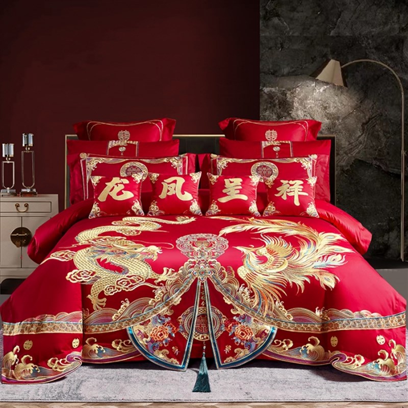 高定系列长绒棉全棉大红婚庆重工刺绣结婚喜庆床单被套床品四件套