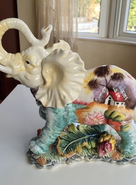 奢华手绘陶瓷大象摆件欧式家居装饰品门厅电视柜桌面摆设开业礼品