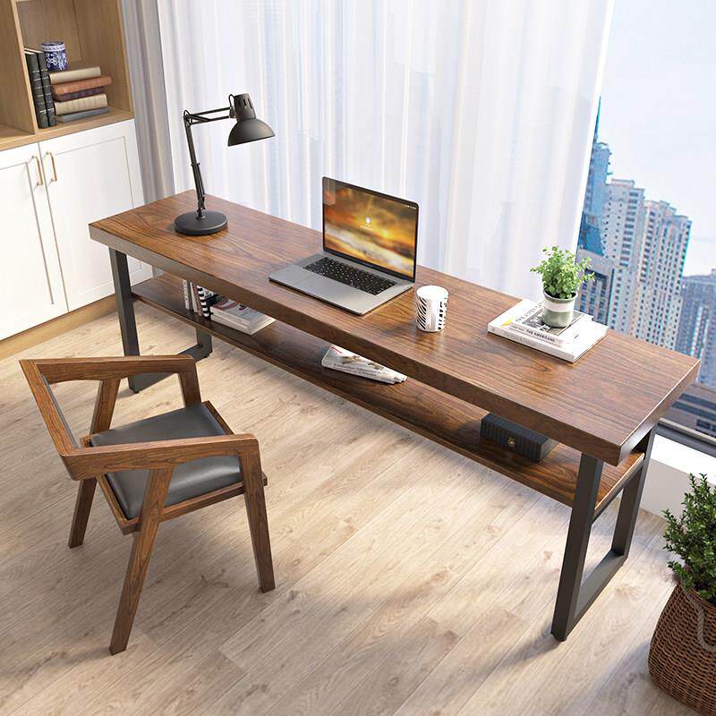 实木阳台书桌落地窗边桌工作台双层学习电脑靠墙吧台原木长条窄桌