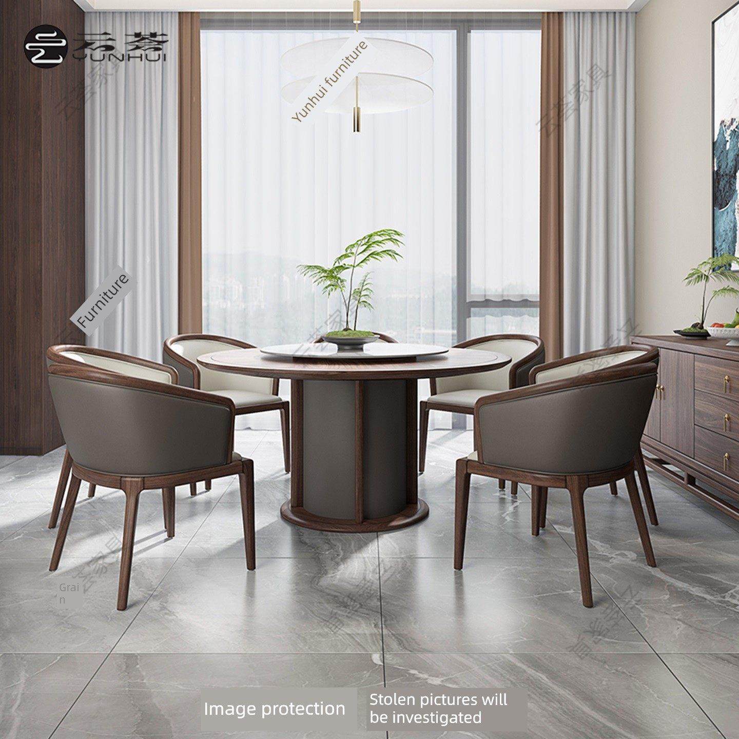 新中式实木圆餐桌椅组合宋氏美学家用别墅会所餐厅吃饭桌岩板桌盘,住宅家具,岩板餐桌,淘宝优惠券,粉丝福利购,淘宝优惠卷