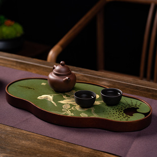 储水式 茶艺世家铜彩画茶盘微雕工艺沥水盘家用小茶盘中式 茶具托盘