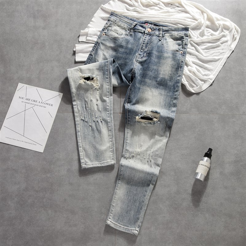 九分破洞贴布牛仔裤男夏季韩版潮流帅气百搭弹力修身小脚裤男薄款