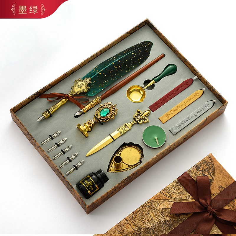 欧式羽毛笔套装带墨水英伦复古蘸水羽毛笔火漆印章.学生沾水笔