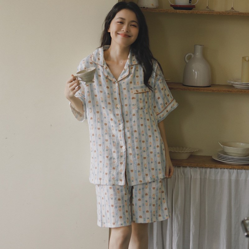 短袖短裤双层皱纱布月子服夏季薄款纯F棉孕妇产后喂奶衣大码家居