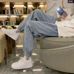 加绒束脚牛仔裤男款o秋冬季高街潮牌宽松韩版潮流修身小脚九分裤