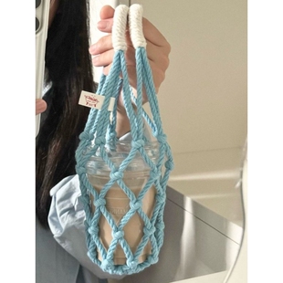 ins风网兜杯套咖啡杯便携式提兜水壶通用提袋可挂车把编织水杯袋