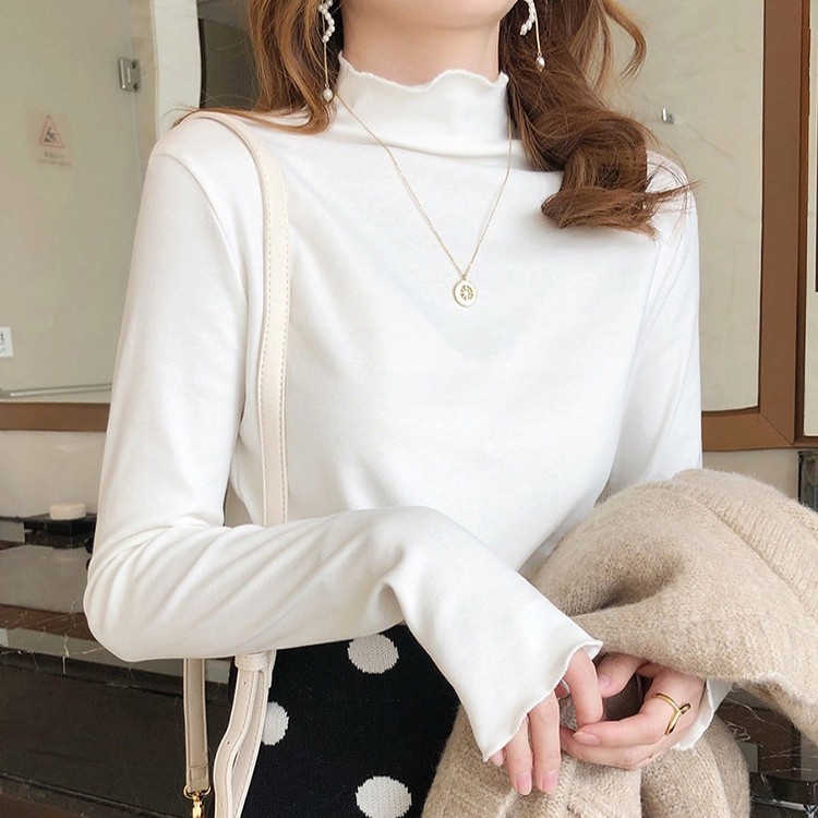 春秋薄款修身显瘦德绒保暖内衣女打底衫半高领木耳边内搭外穿上衣