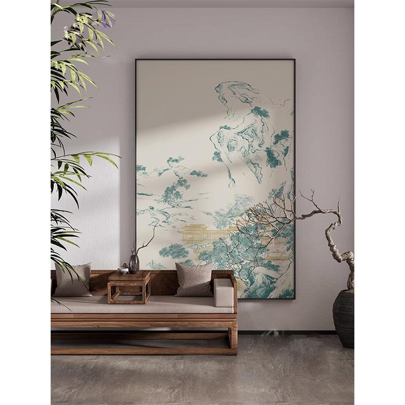 书房茶室新中式古典客厅装饰画蓝色山水抽象入户玄关壁画竖版挂画