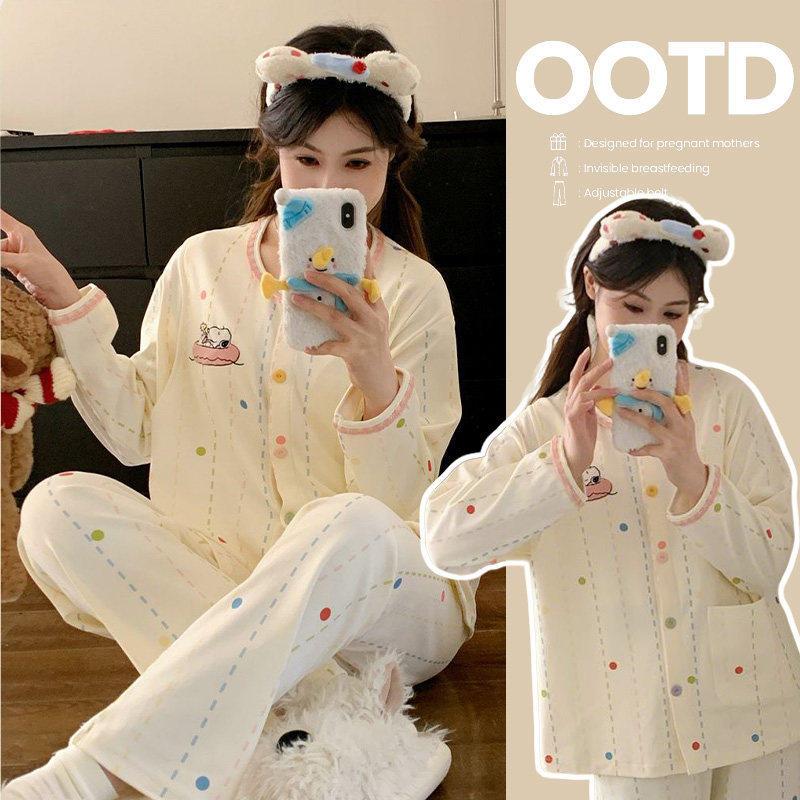 月子服夏季新款带胸垫产后待产冰瓷棉孕妇哺乳睡衣孕期家居服套装