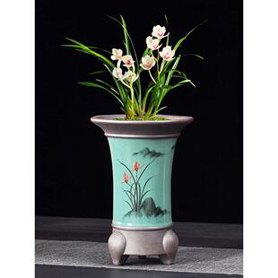 陶瓷兰花花盆高圆形中国兰花花盆浮动枝花盆美化家居客厅盆栽金色