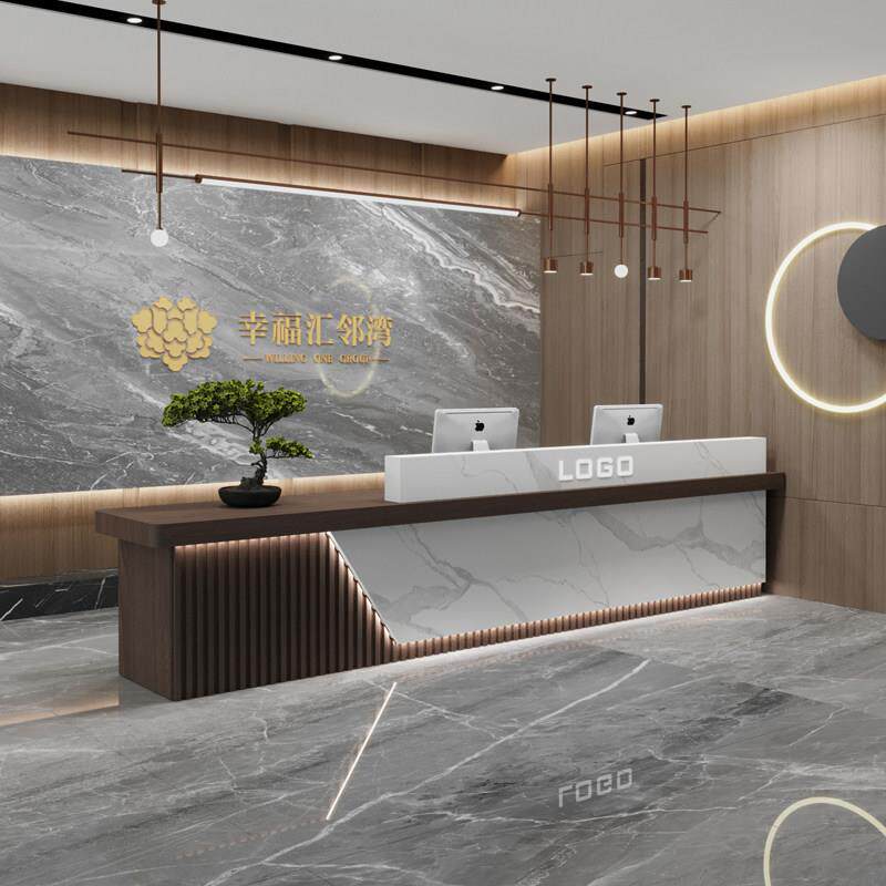 公司大厅前台接待台酒店大堂中式收银柜台原木色现代吧台培训机构