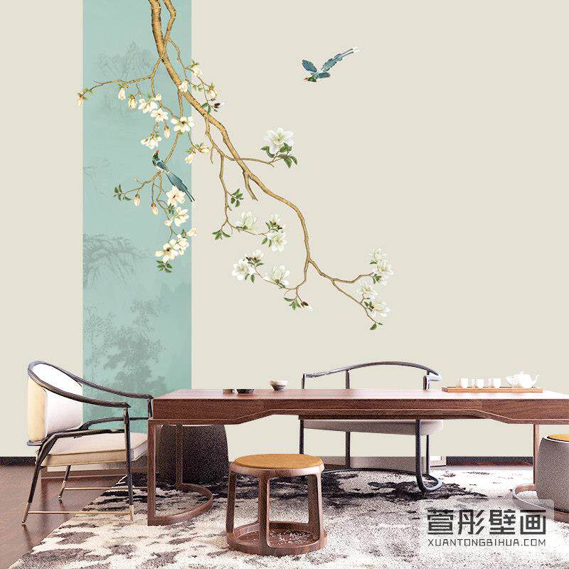 中式玉兰花鸟淡雅墙布客厅背景墙纸美容院采耳养生馆床头定制壁画