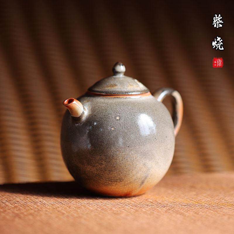 琢石柴烧手工茶壶覆古水墨陶瓷茶具家用日式志野烧单壶窑变泡茶器