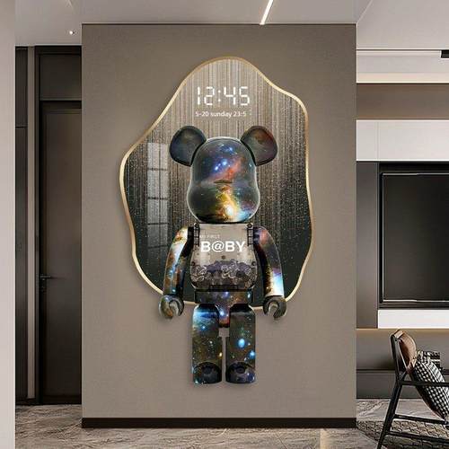 暴力熊玄关装饰画电子屏数显时钟挂画精雕发光灯画现代简约钟表画