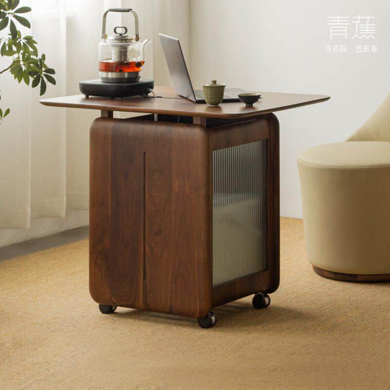 新中式实木茶桌椅组合家用矩形茶台 经济型黑胡桃木带滚轮茶几