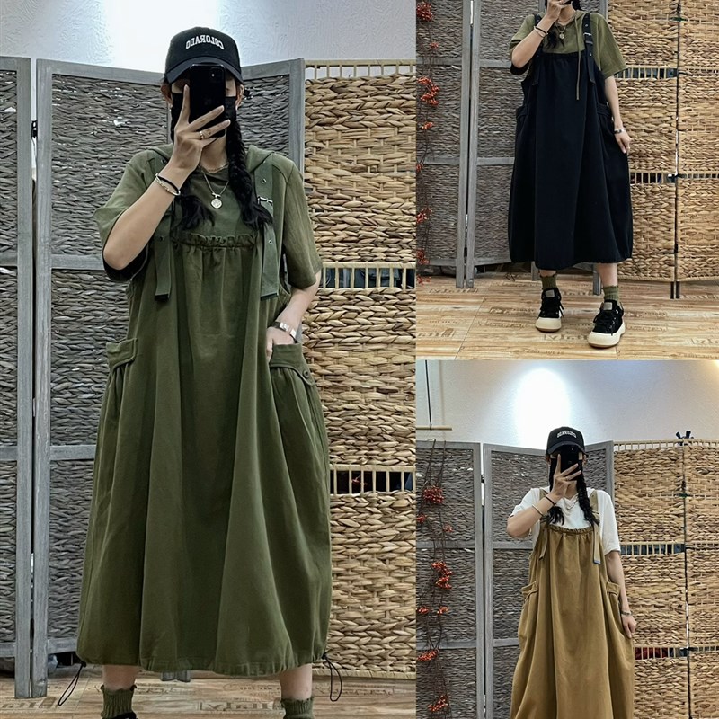 韩版方领牛仔背带裙女2024春季新款F减龄工装宽松休闲吊带连衣裙