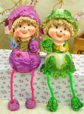 田园树脂绿白菜紫包菜吊脚娃娃 家居装饰工艺礼品 摆件