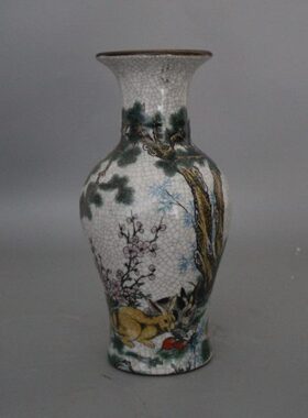 大清乾隆年制粉彩玉兔吃草图花瓶 古董瓷器收藏摆件家居展柜装饰