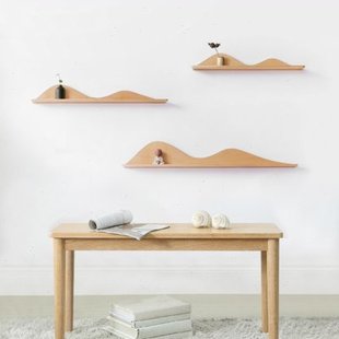 新中式客厅背景墙装饰实木禅意壁饰山形组合置物架茶室陈设架简约