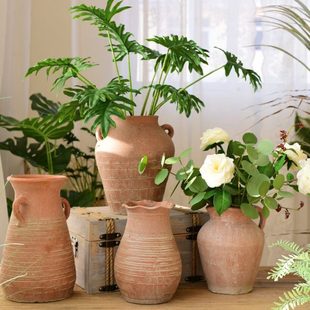 粗陶花瓶陶罐花盆插花复古做旧风红陶仿古瓦罐盆坛子摆件